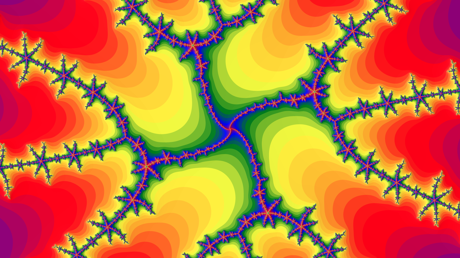 a mandelbrot fractal render with the colors of the gay pride flag